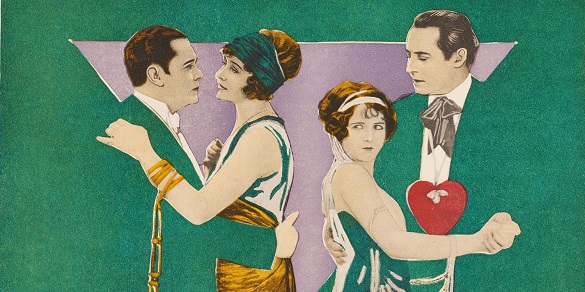 A graphic poster showcases two couples, framed by a lilac triangle behind them, as their clothing blending into a green background.